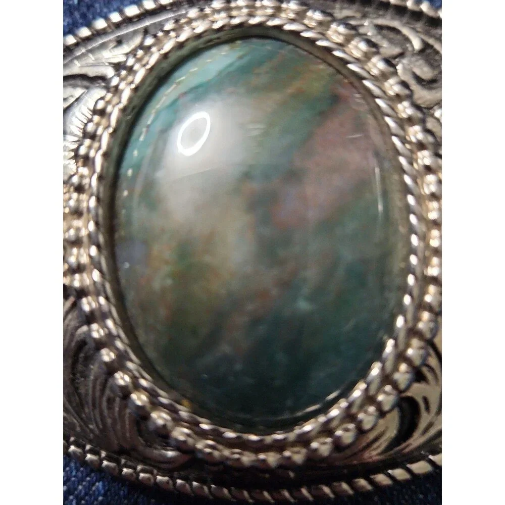 Vintage Western Style Oval Silver Tone Filigree Belt Buckle Green Agate Cabochon